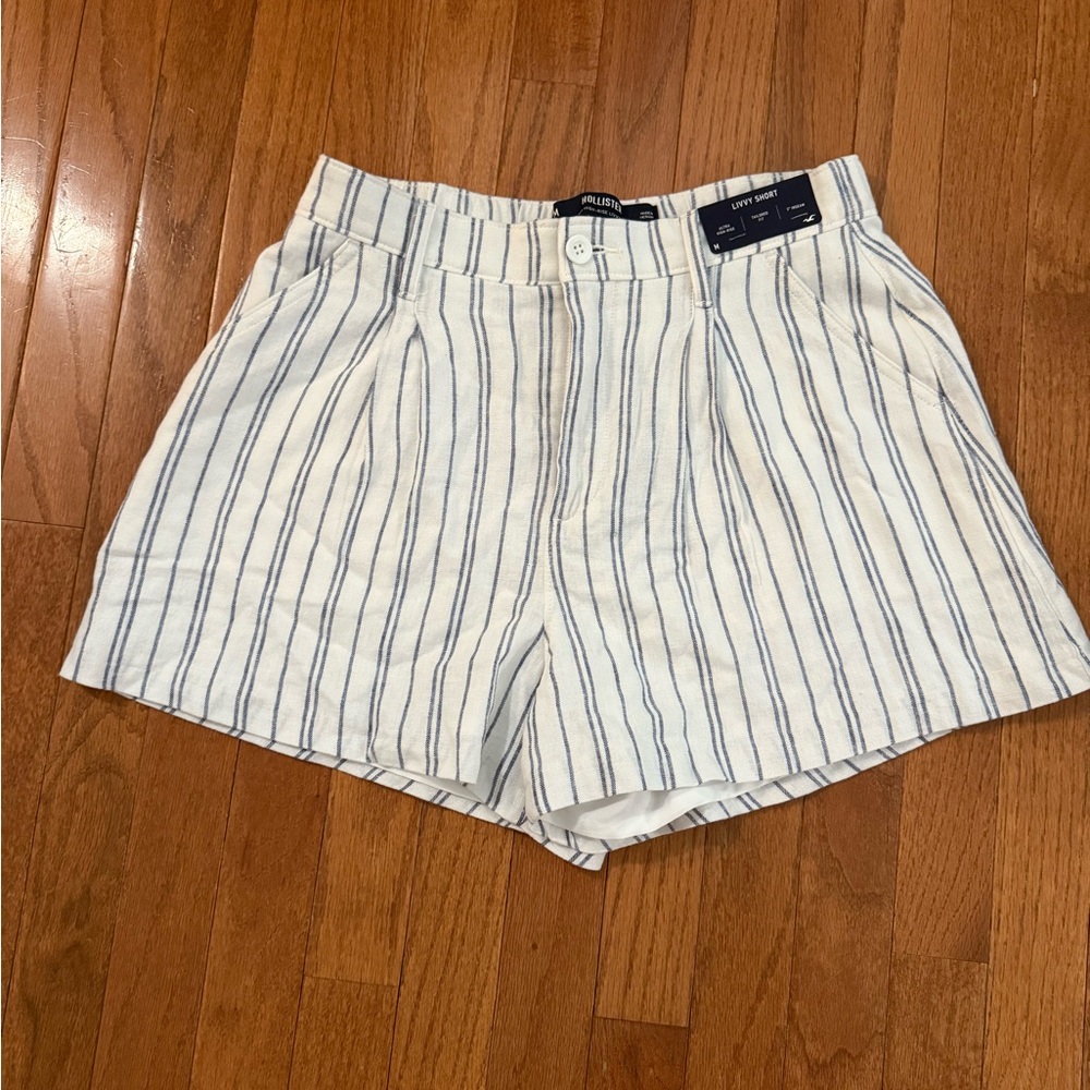 Hollister High-Waist White Shorts with Navy Pinstripes